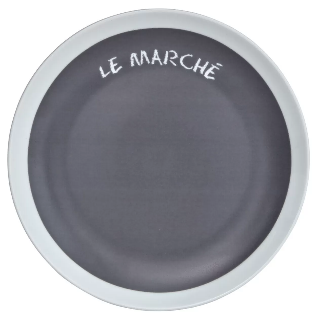 Assiette à dessert grise contour blanc inscription Le marché>Gifi Discount
