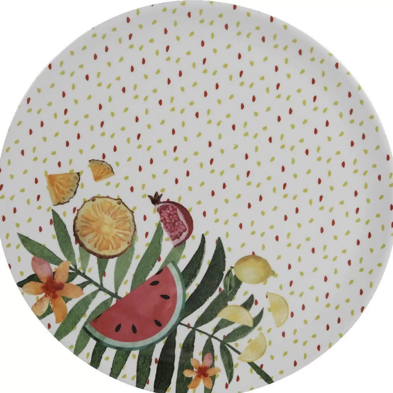 Assiette ronde motifs fruits exotiques et feuille de palmier>Gifi Hot