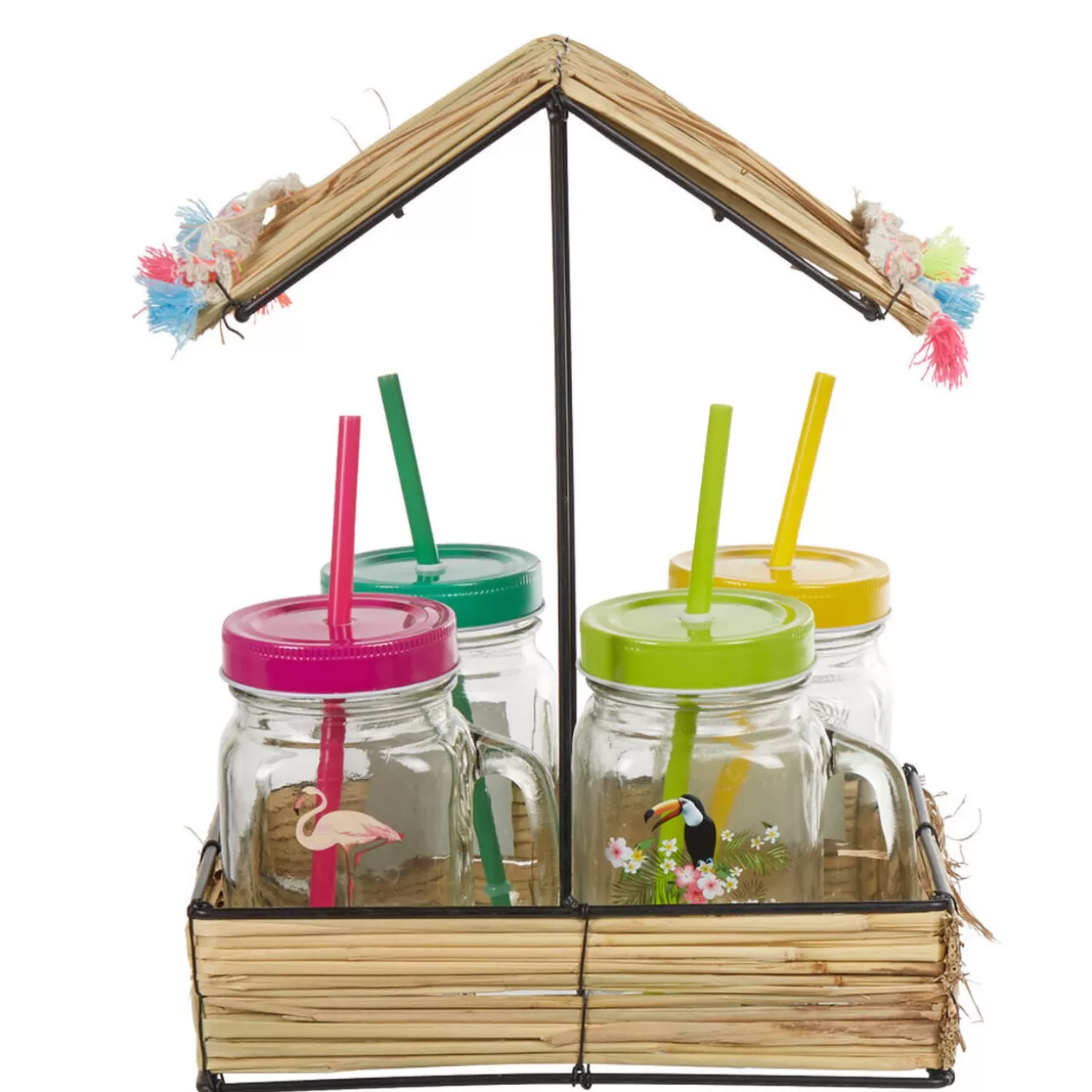 Gifi Bocal à paille et couvercle style tropical avec support x4< Vaisselle Et Accessoires De Table