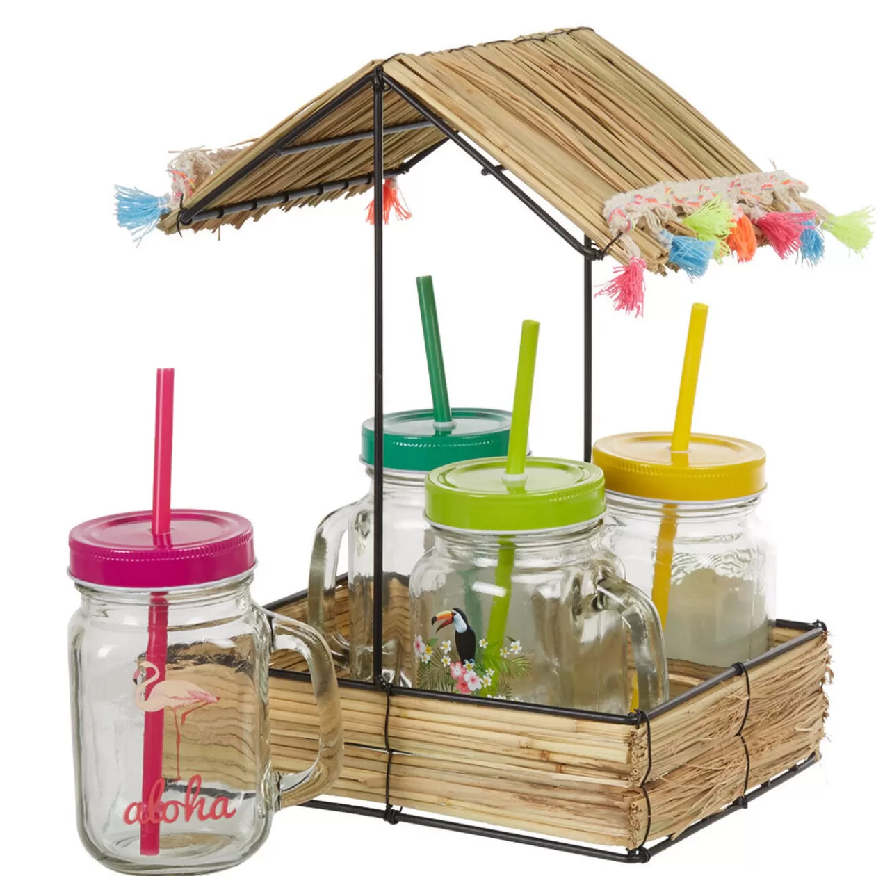 Gifi Bocal à paille et couvercle style tropical avec support x4< Vaisselle Et Accessoires De Table
