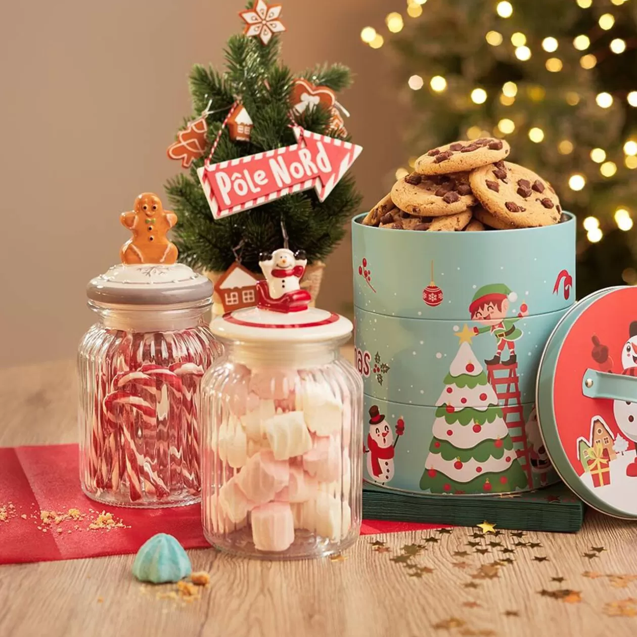 Gifi Bonbonnière en verre avec couvercle en céramique déco de Noël< Conservation Alimentaire