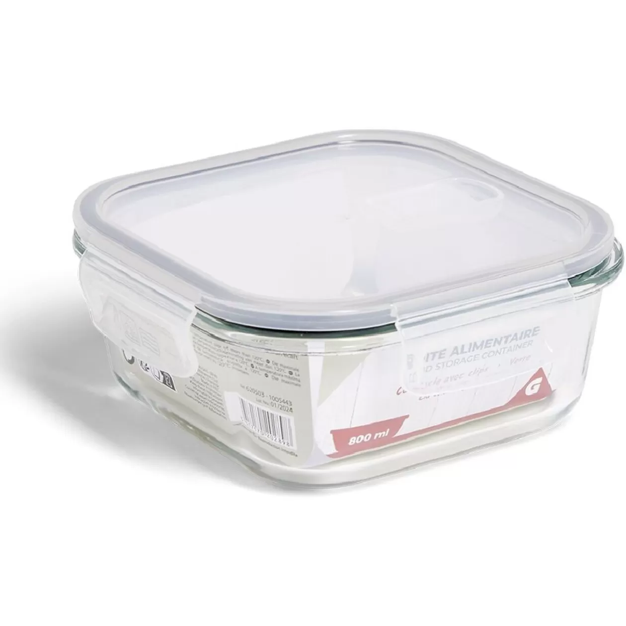 Gifi Boîte alimentaire carrée en verre avec couvercle étanche à clips 800ml< Conservation Alimentaire