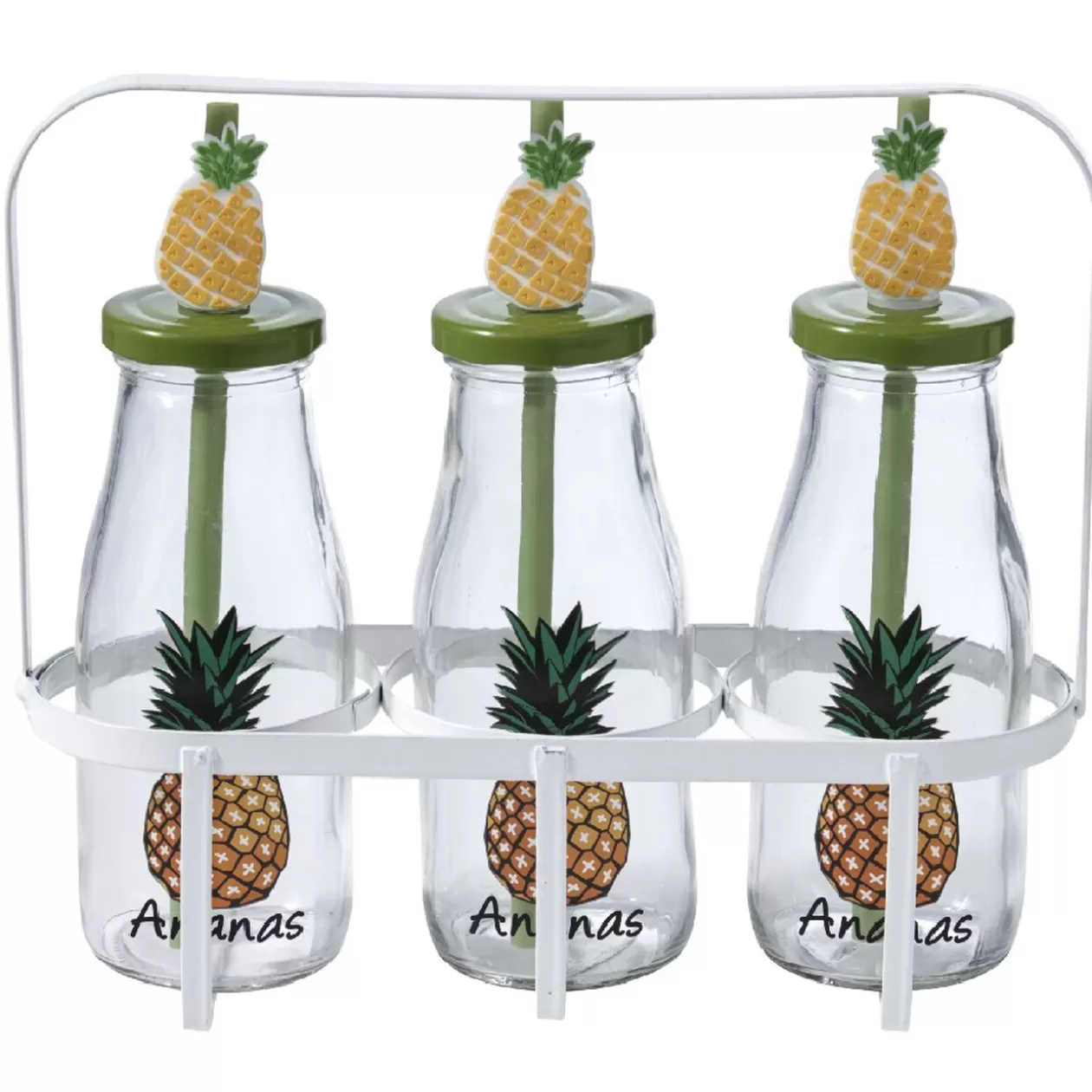 Bouteilles x3 avec pailles design exotique x3 panier métal blanc>Gifi Clearance