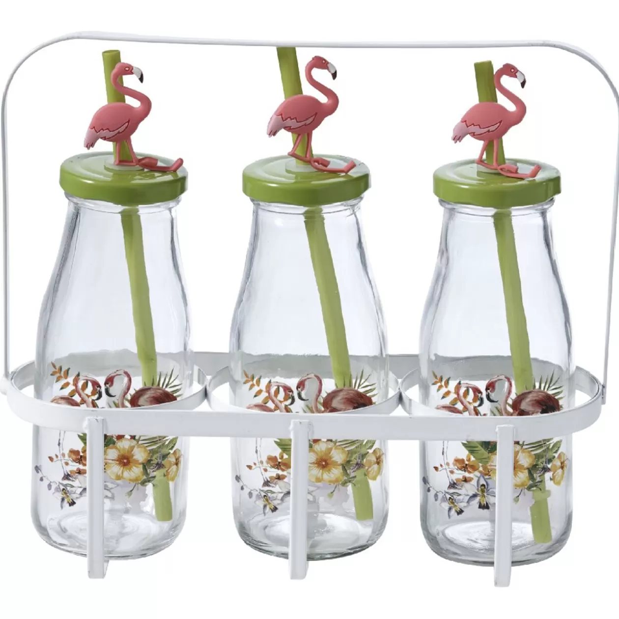 Bouteilles x3 avec pailles design exotique x3 panier métal blanc>Gifi Clearance