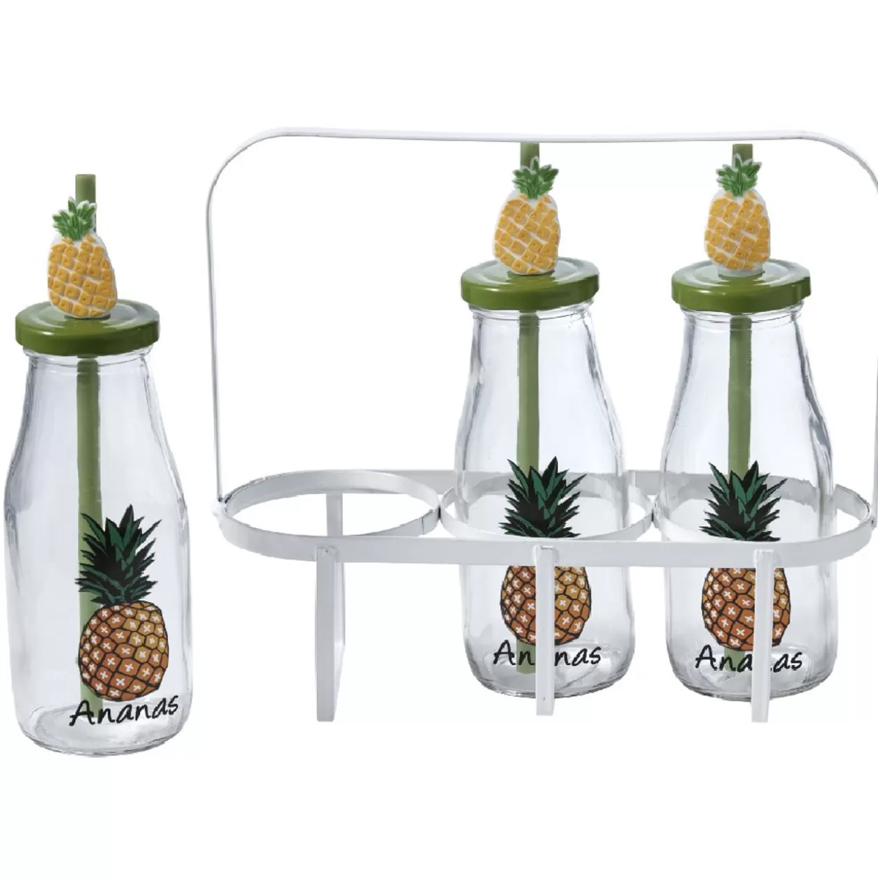 Bouteilles x3 avec pailles design exotique x3 panier métal blanc>Gifi Clearance