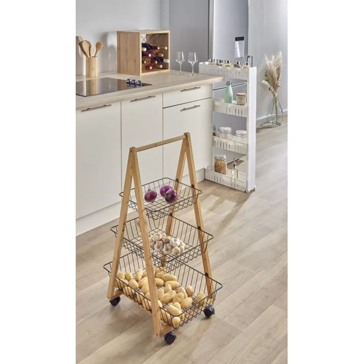 Gifi Desserte bambou panier métal 3 niveaux 54,5x36,5xH85 cm< Rangement De Cuisine