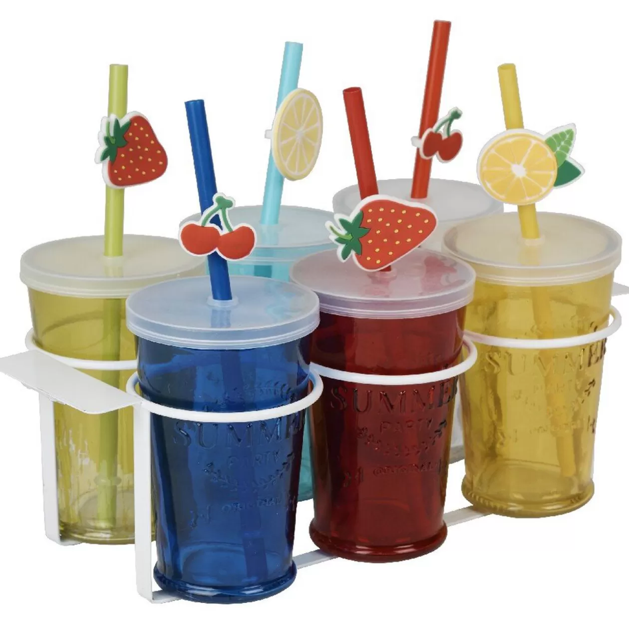 Gifi Gobelet en verre avec couvercle et paille multicolore x6< Vaisselle Et Accessoires De Table