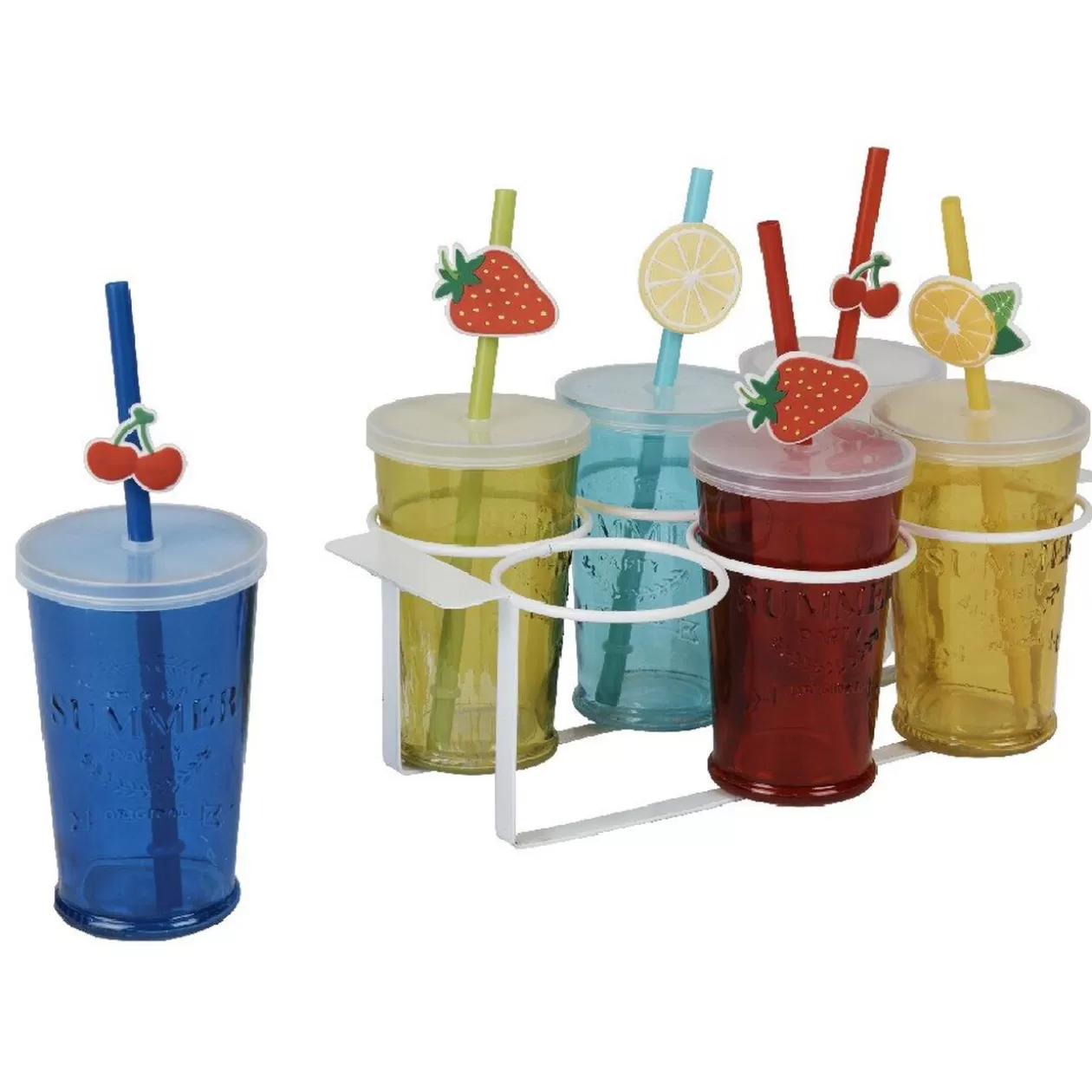 Gifi Gobelet en verre avec couvercle et paille multicolore x6< Vaisselle Et Accessoires De Table