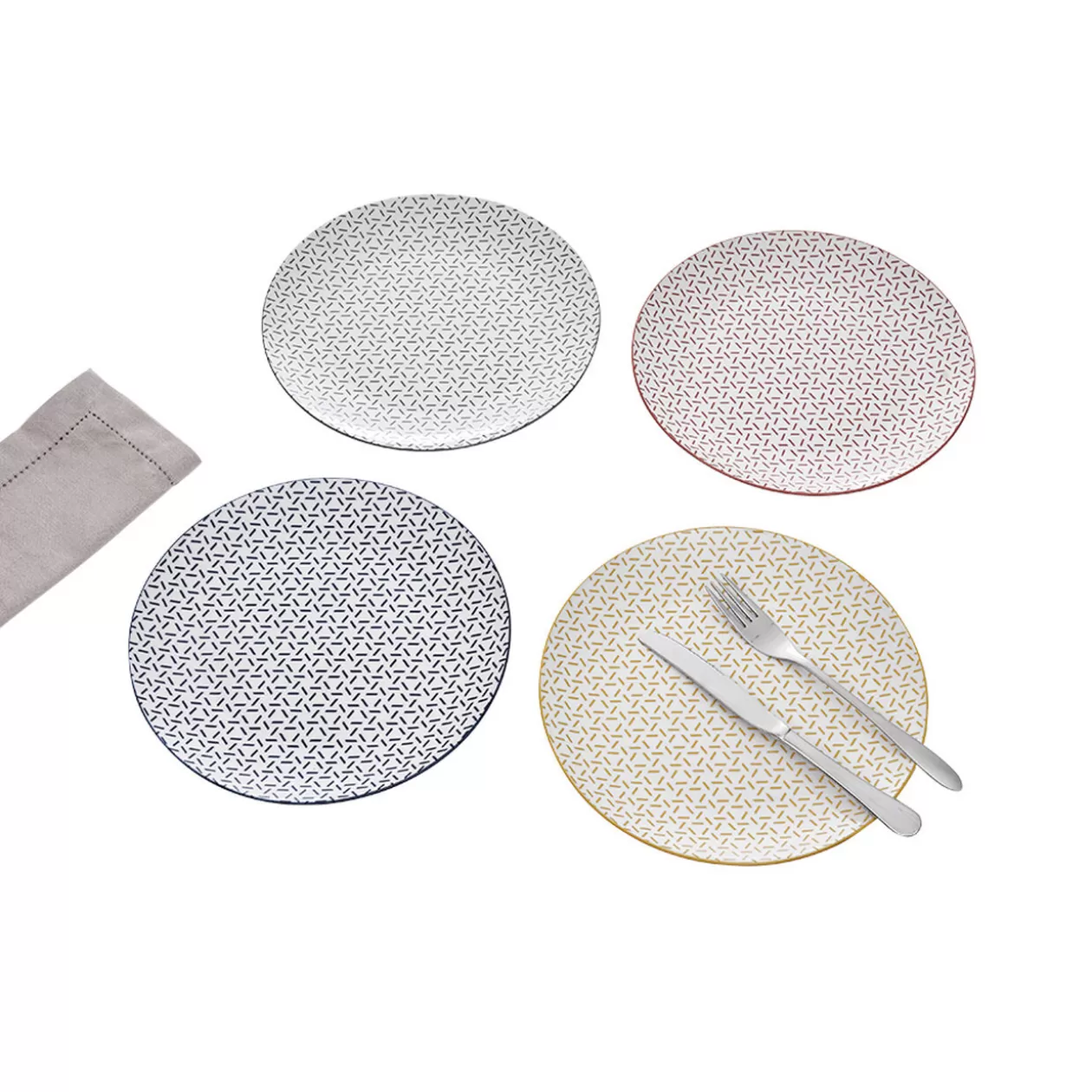 Lot de 4 assiettes plates porcelaine motif trait triangle multicolore Ø24cm>Gifi Cheap