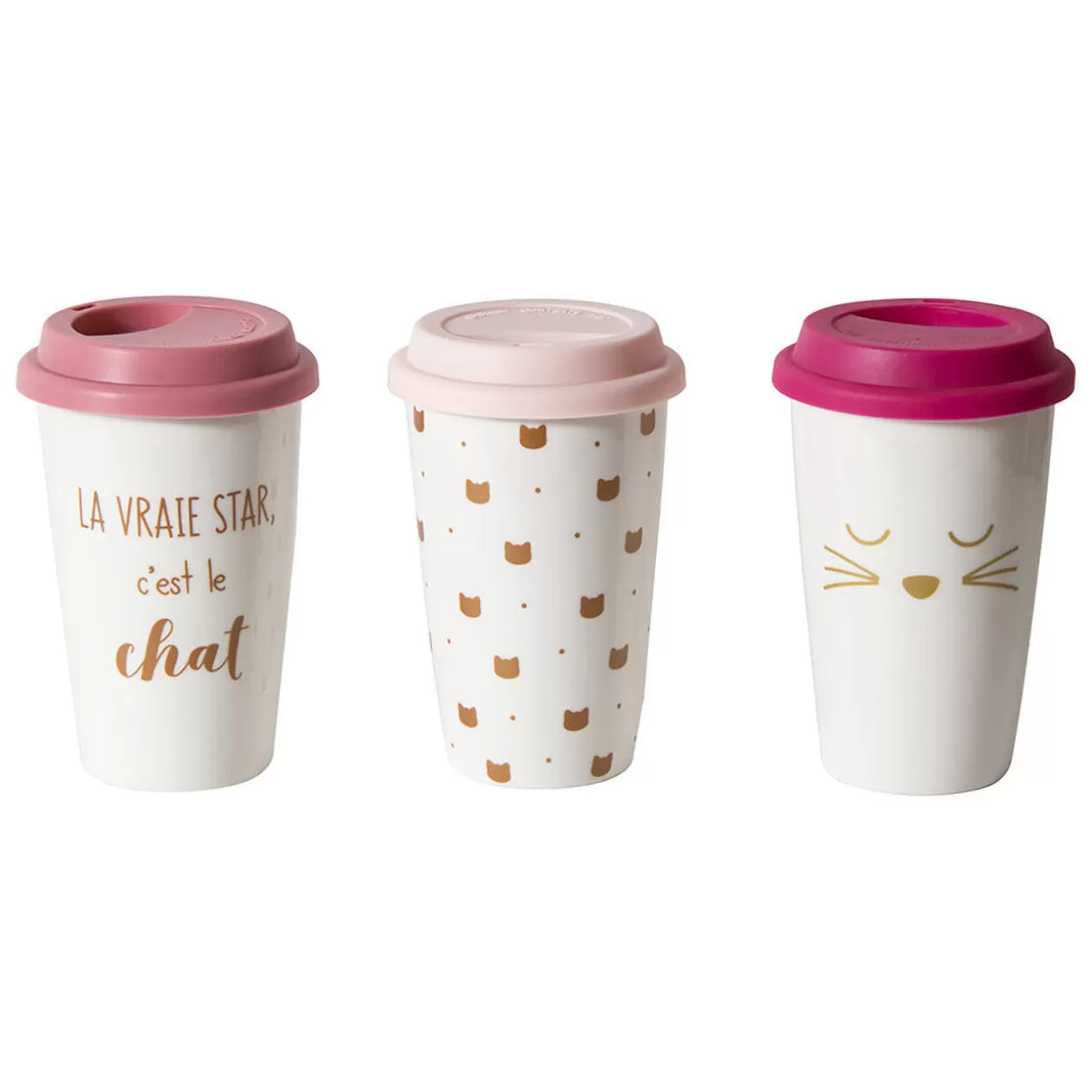 Mug de transport en céramique rose motif tête de chats doré 400 ml>Gifi Best Sale