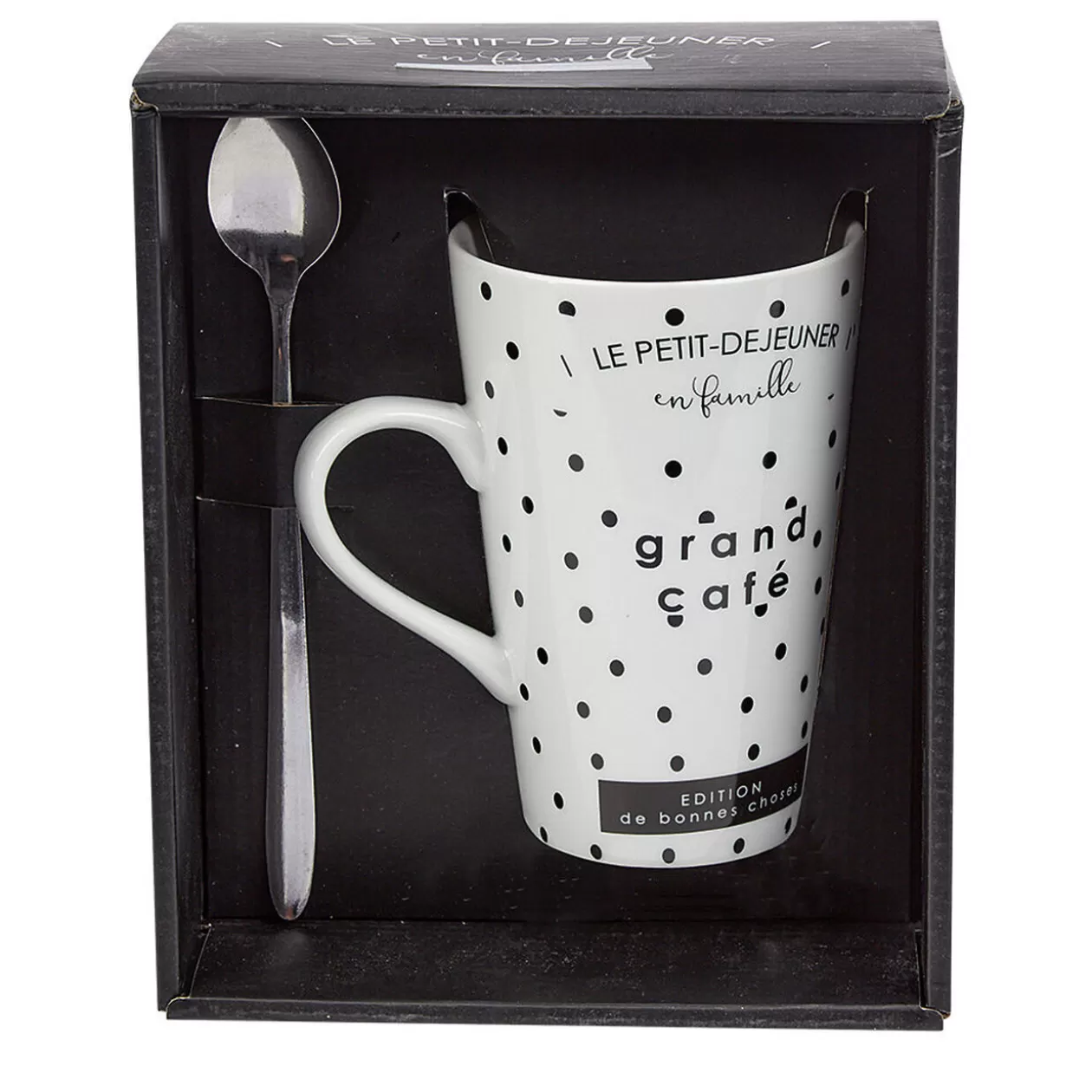 Mug porcelaine avec cuillère inox motif pois noir blanc 45 cl>Gifi Best Sale