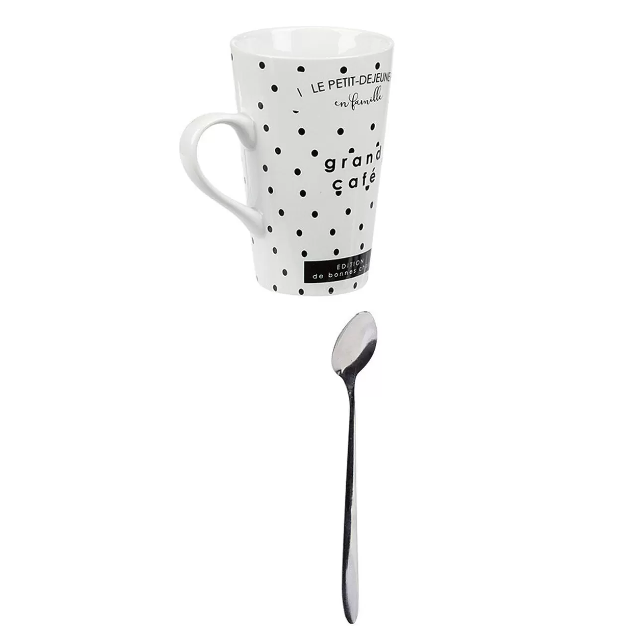 Mug porcelaine avec cuillère inox motif pois noir blanc 45 cl>Gifi Best Sale