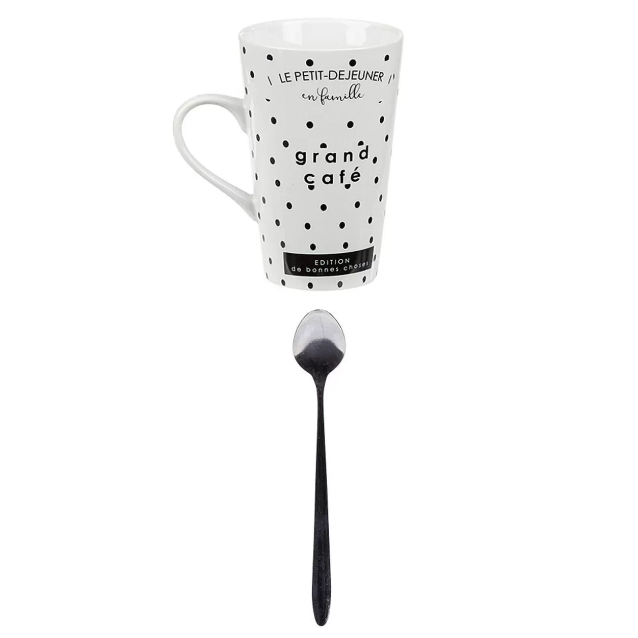 Mug porcelaine avec cuillère inox motif pois noir blanc 45 cl>Gifi Best Sale