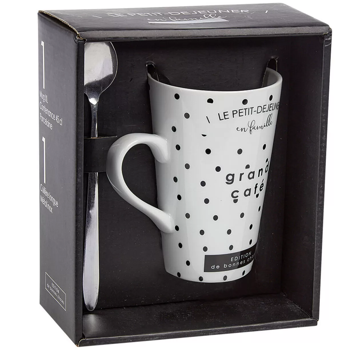 Mug porcelaine avec cuillère inox motif pois noir blanc 45 cl>Gifi Best Sale