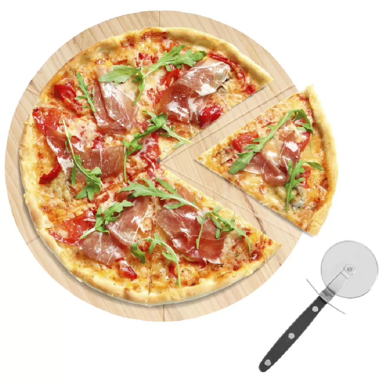 Gifi Planche ronde en bois et roulette à pizza< Préparation Culinaire