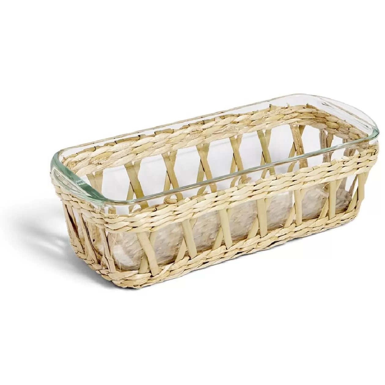 Gifi Plat à four en verre transparent et déco raphia beige 28x11,5xH8,5cm< Cuisson