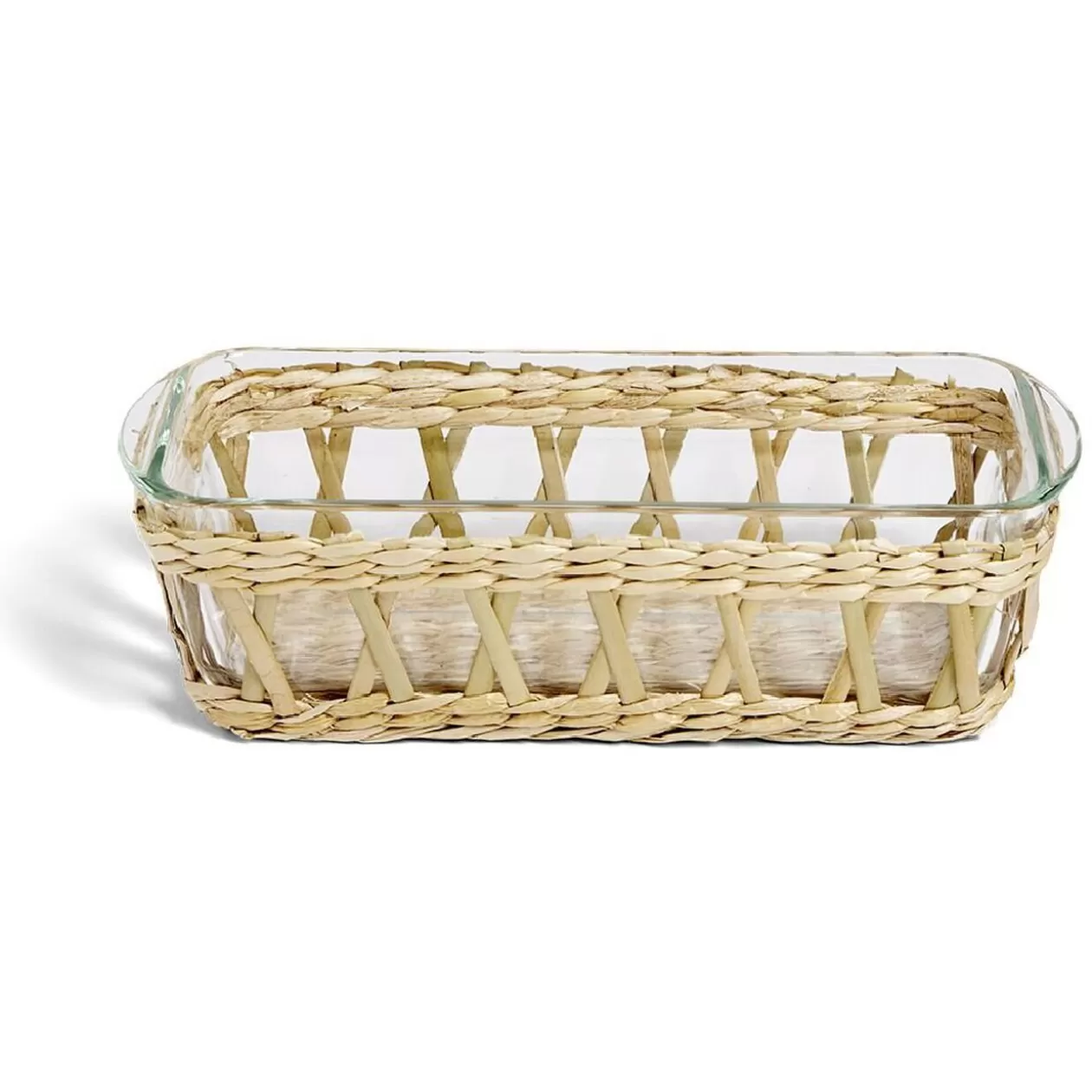 Gifi Plat à four en verre transparent et déco raphia beige 28x11,5xH8,5cm< Cuisson