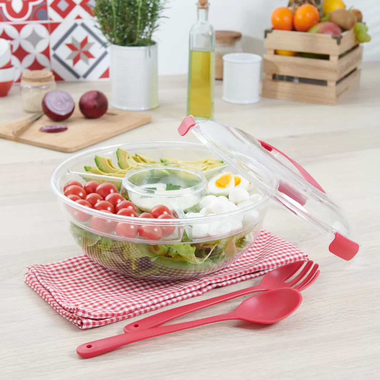 Gifi Saladier fraîcheur multicompartiments transparent et rouge< Vaisselle Et Accessoires De Table