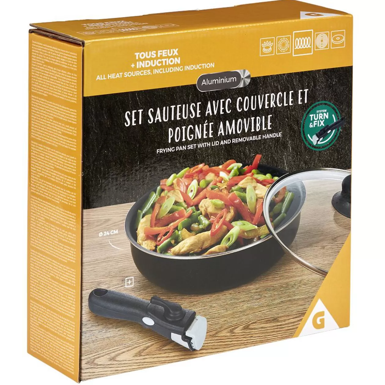 Gifi Sauteuse aluminium noir avec couvercle verre et poignée amovible Ø24cm< Cuisson