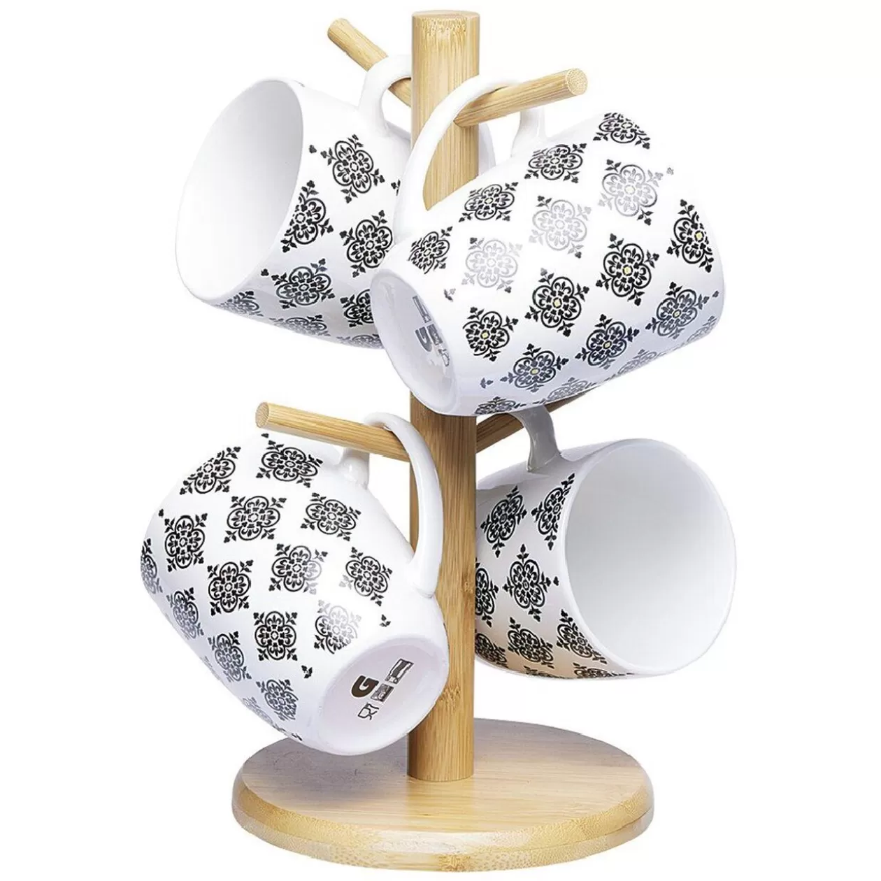Gifi Set 4 mugs décor arabesque noir et blanc et support en bambou< Vaisselle Et Accessoires De Table