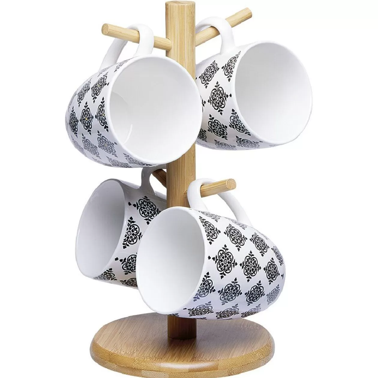 Gifi Set 4 mugs décor arabesque noir et blanc et support en bambou< Vaisselle Et Accessoires De Table